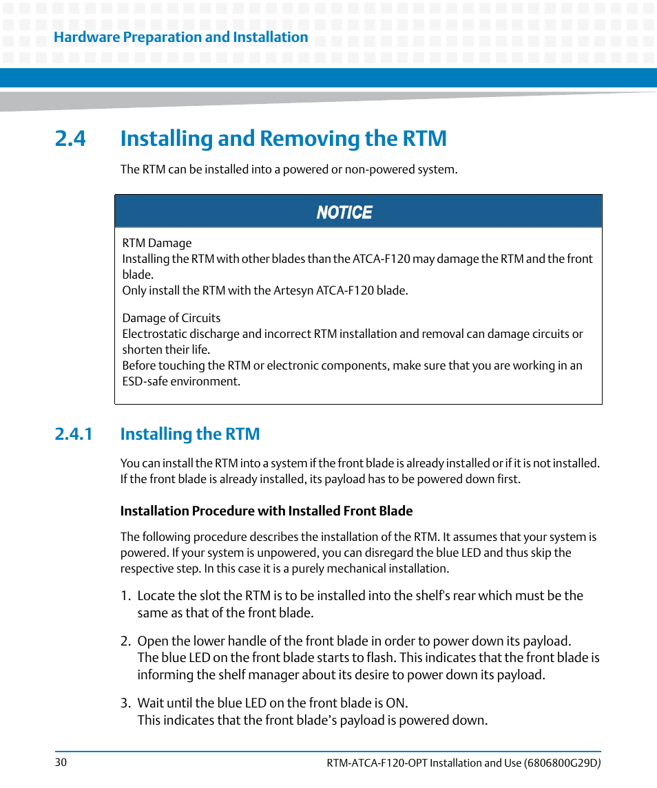 4 installing and removing the rtm, 1 installing the rtm | Artesyn RTM-ATCA-F120 Installation and Use (August 2014) User Manual | Page 30 / 68