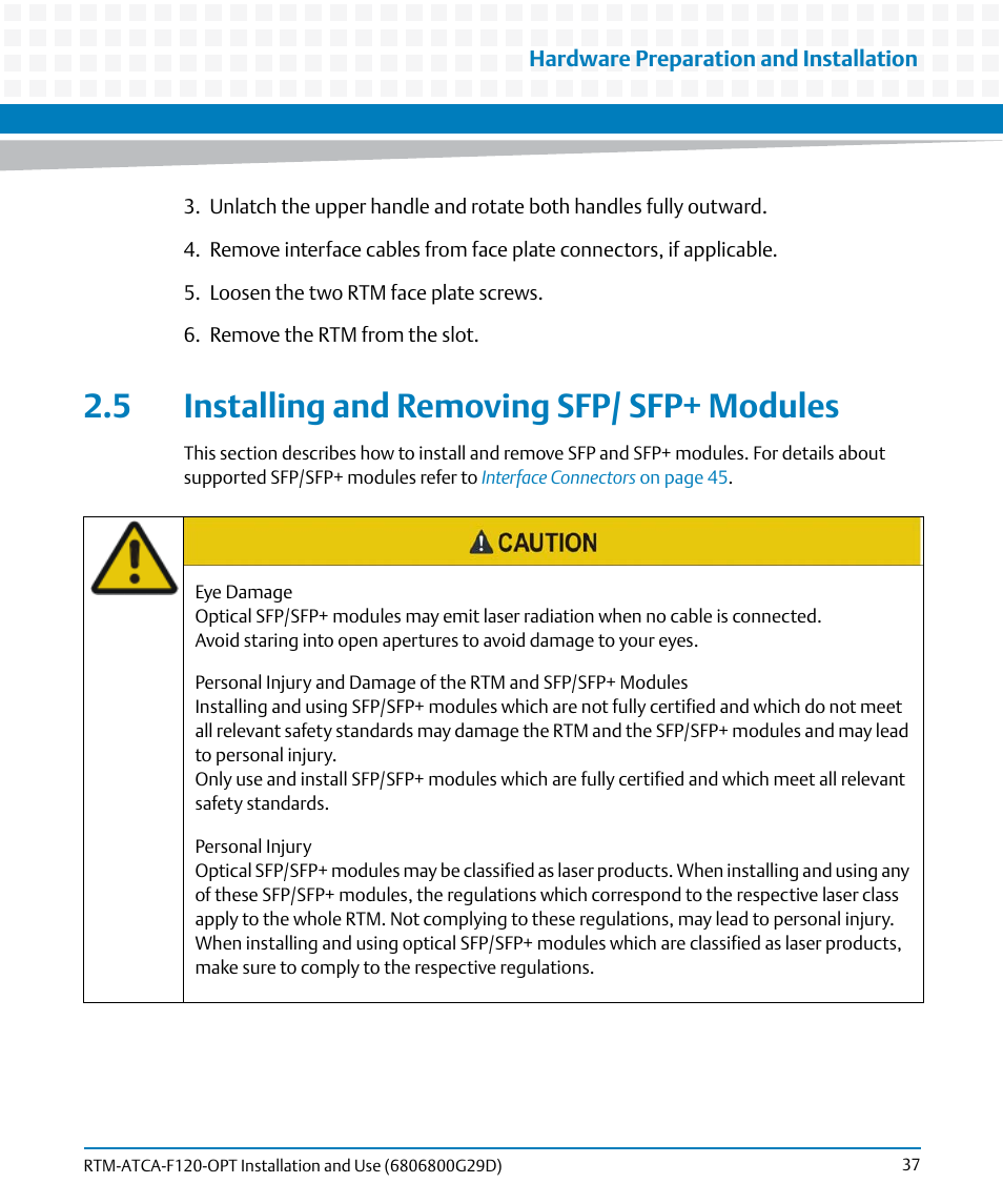 5 installing and removing sfp/ sfp+ modules | Artesyn RTM-ATCA-F120 Installation and Use (August 2014) User Manual | Page 37 / 68