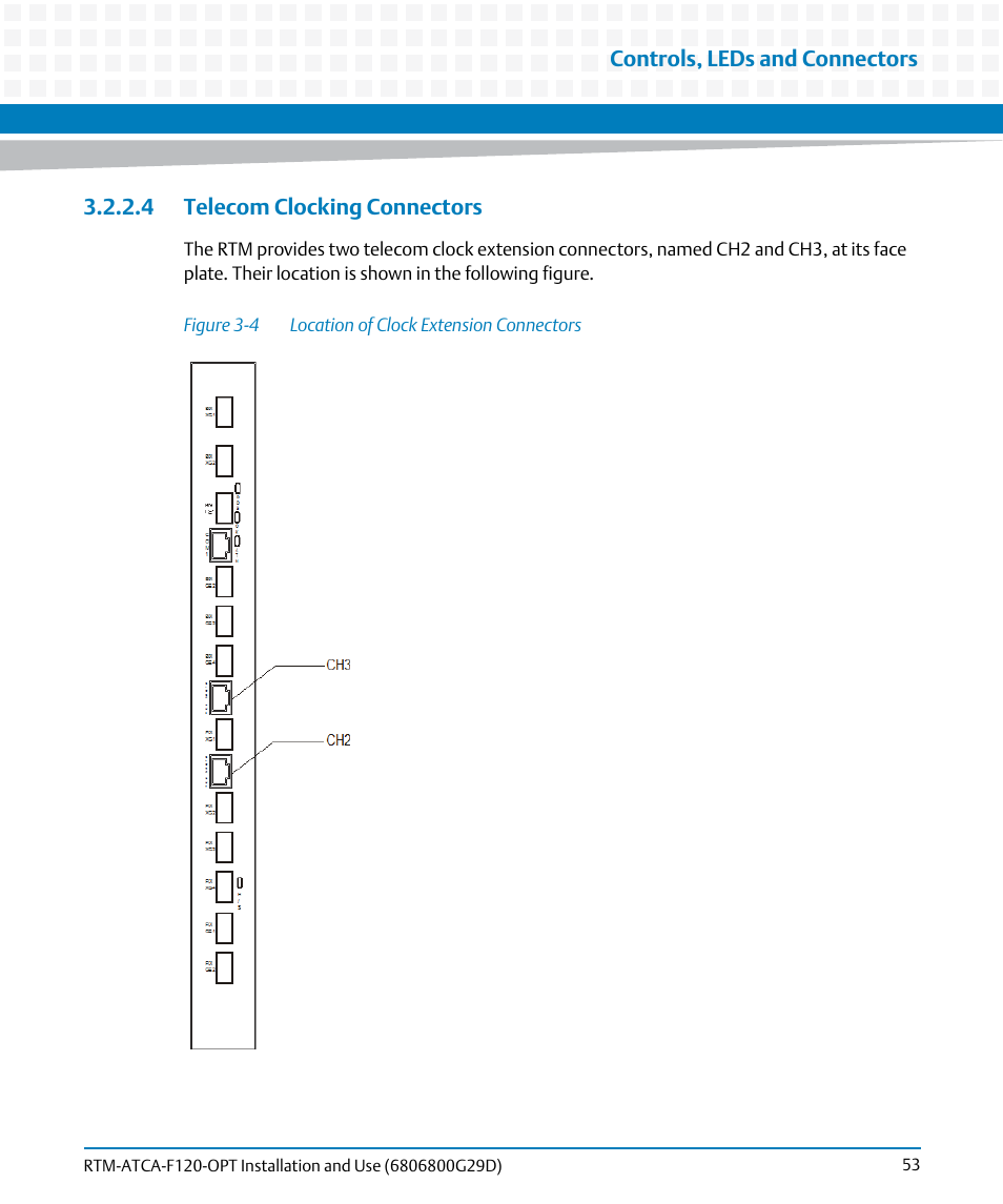 4 telecom clocking connectors, Figure 3-4, Location of clock extension connectors | Artesyn RTM-ATCA-F120 Installation and Use (August 2014) User Manual | Page 53 / 68