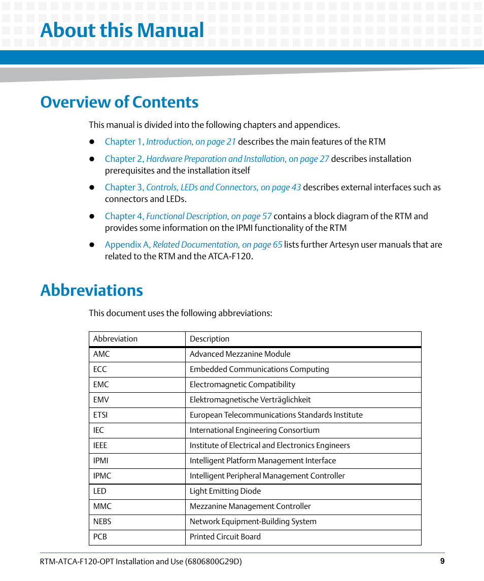 About this manual, Overview of contents, Abbreviations | Artesyn RTM-ATCA-F120 Installation and Use (August 2014) User Manual | Page 9 / 68