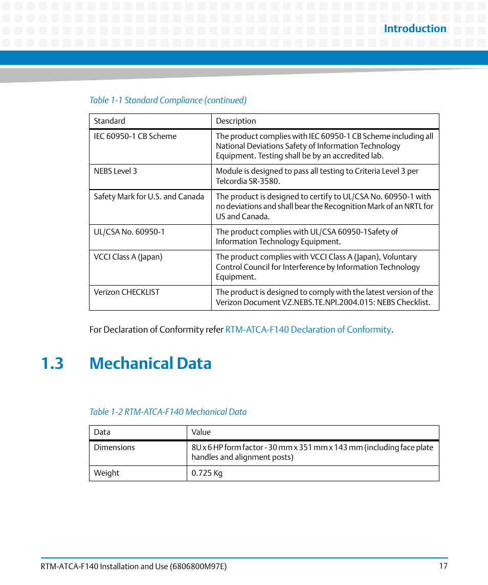 3 mechanical data, Table 1-2, Rtm-atca-f140 mechanical data | Introduction | Artesyn RTM-ATCA-F140 Installation and Use (May 2014) User Manual | Page 17 / 66