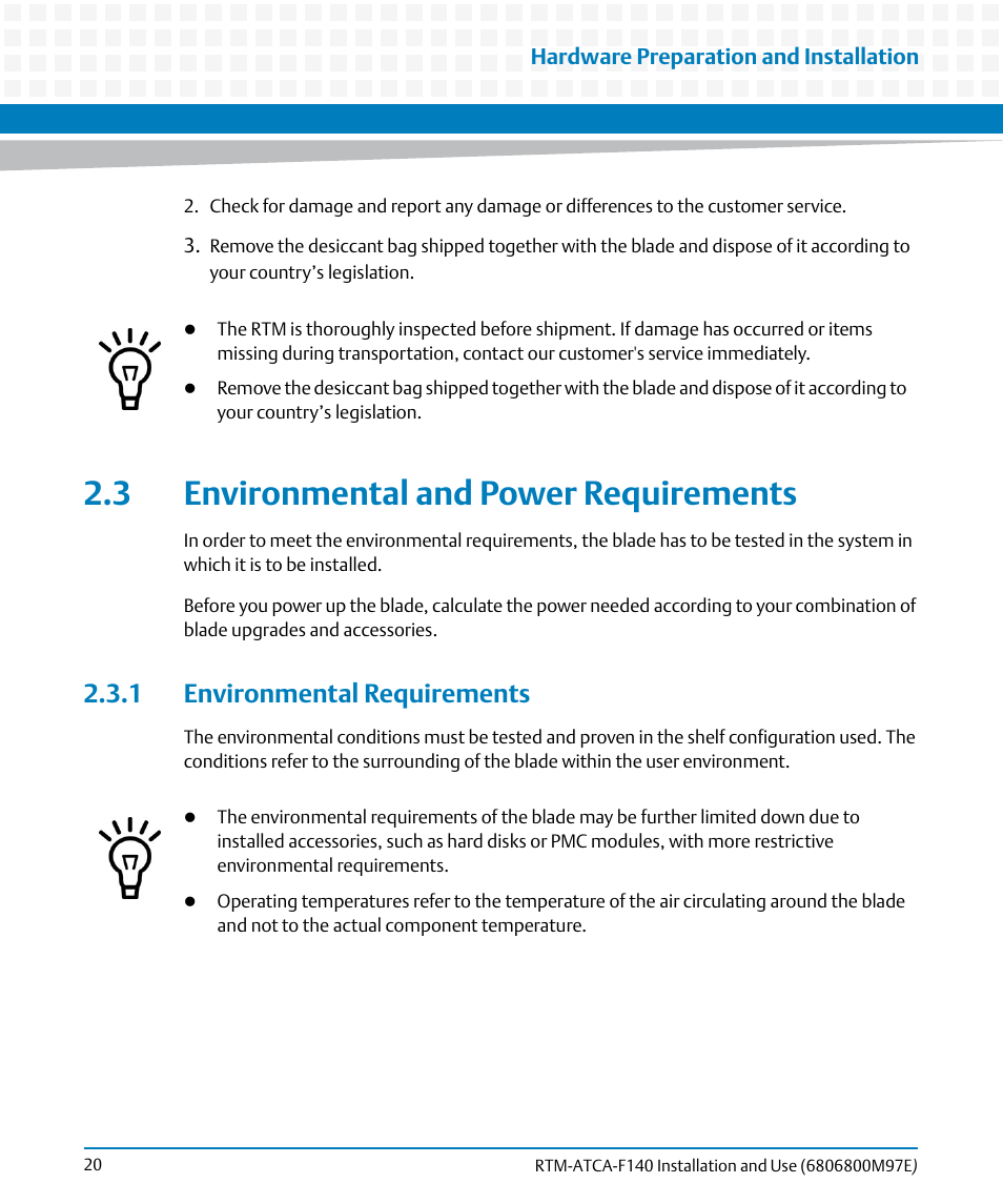 3 environmental and power requirements, 1 environmental requirements | Artesyn RTM-ATCA-F140 Installation and Use (May 2014) User Manual | Page 20 / 66