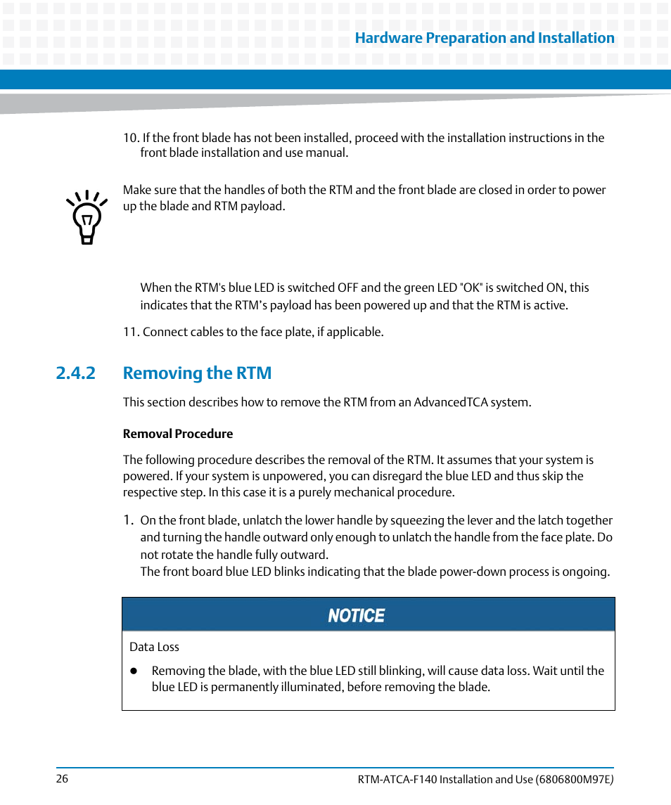 2 removing the rtm | Artesyn RTM-ATCA-F140 Installation and Use (May 2014) User Manual | Page 26 / 66
