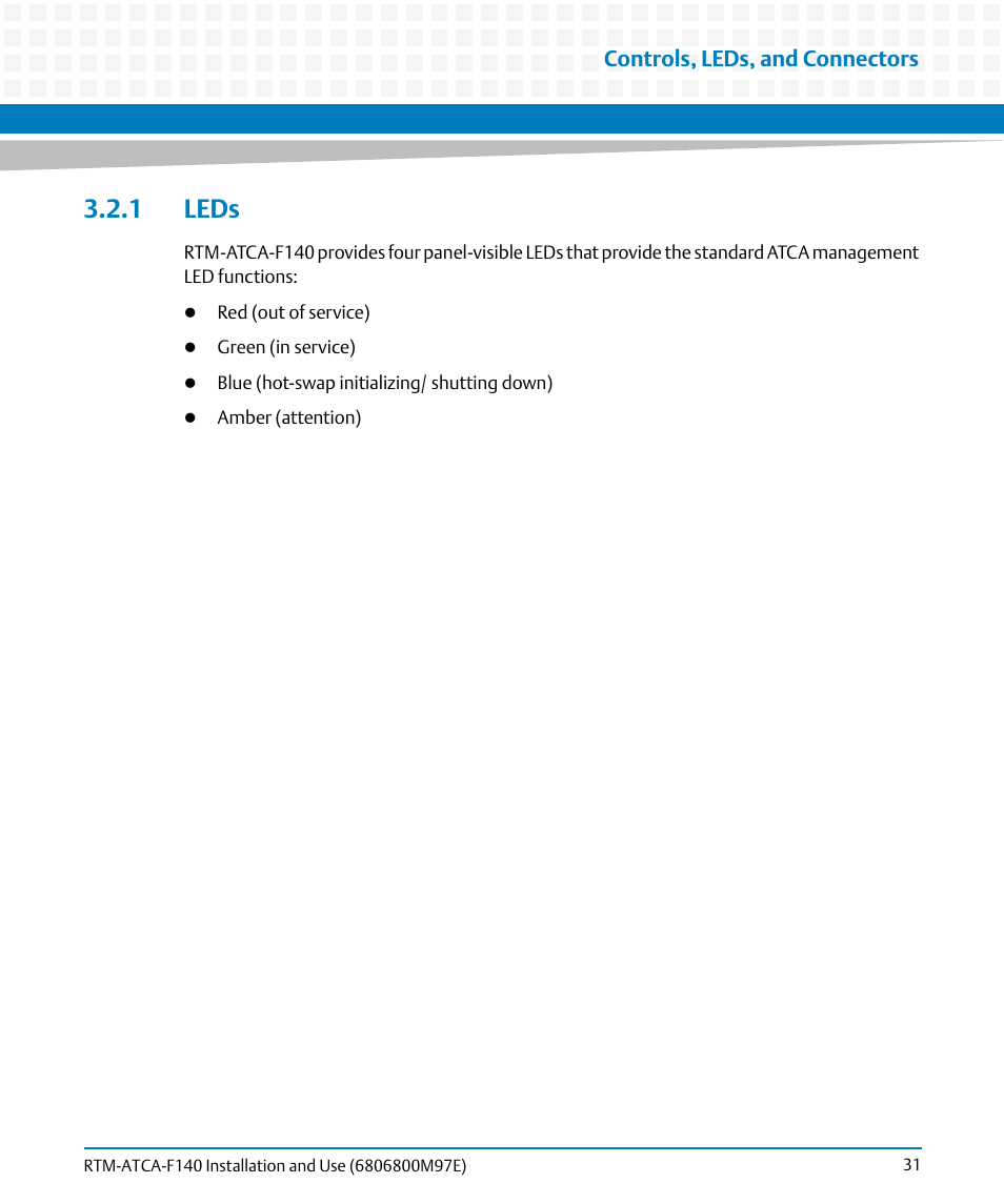 1 leds, Controls, leds, and connectors | Artesyn RTM-ATCA-F140 Installation and Use (May 2014) User Manual | Page 31 / 66