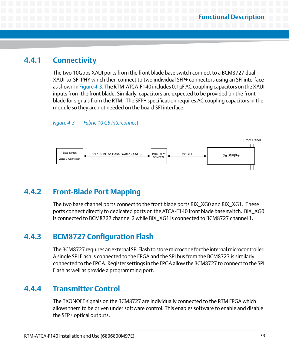 1 connectivity, 2 front-blade port mapping, 3 bcm8727 configuration flash | 4 transmitter control, Figure 4-3, Fabric 10 gb interconnect, Functional description | Artesyn RTM-ATCA-F140 Installation and Use (May 2014) User Manual | Page 39 / 66