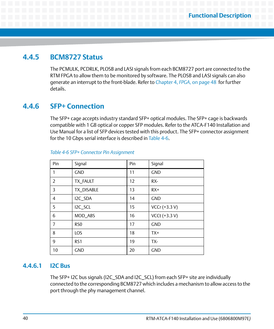 5 bcm8727 status, 6 sfp+ connection, 1 i2c bus | 5 bcm8727 status 4.4.6 sfp+ connection, Table 4-6, Sfp+ connector pin assignment, Functional description | Artesyn RTM-ATCA-F140 Installation and Use (May 2014) User Manual | Page 40 / 66