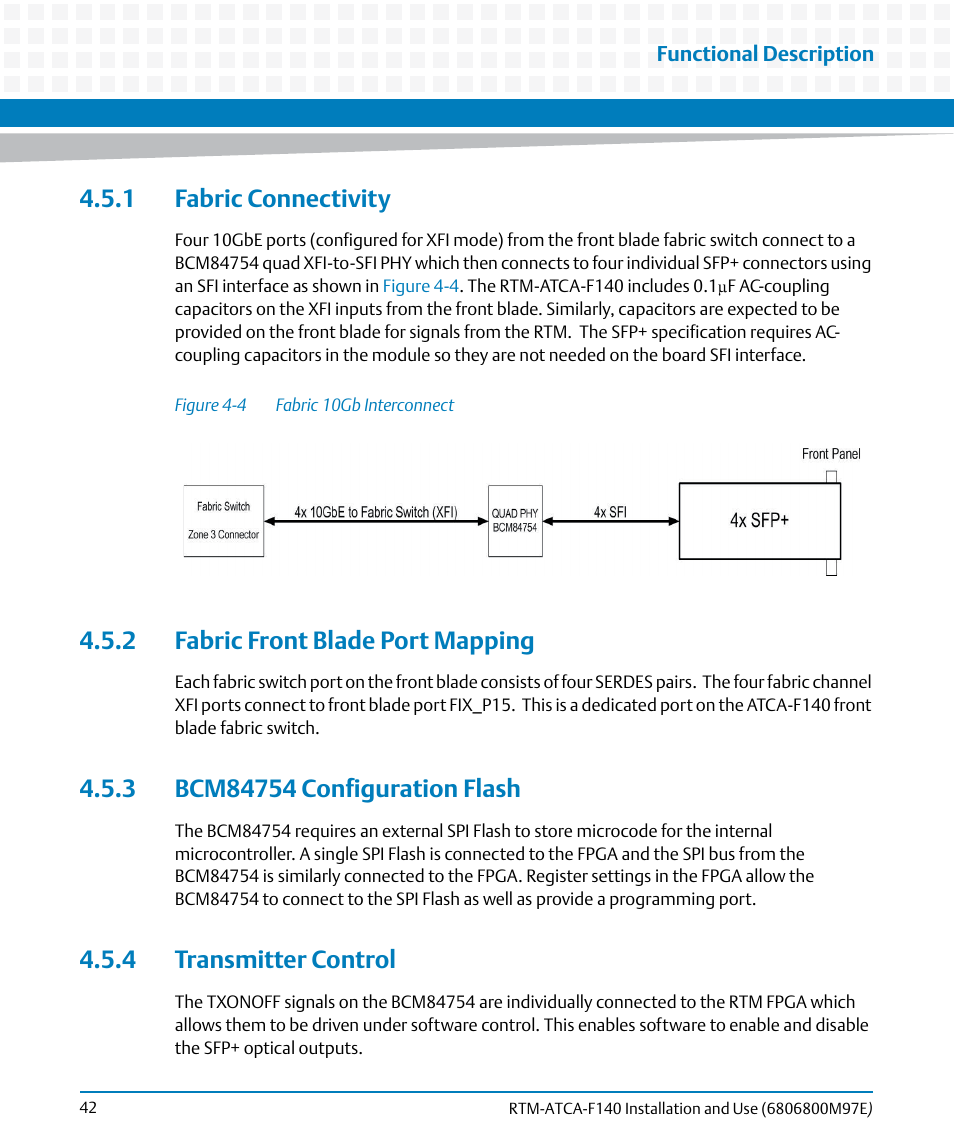 1 fabric connectivity, 2 fabric front blade port mapping, 3 bcm84754 configuration flash | 4 transmitter control, Figure 4-4, Fabric 10gb interconnect | Artesyn RTM-ATCA-F140 Installation and Use (May 2014) User Manual | Page 42 / 66