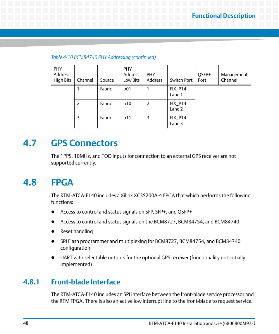 7 gps connectors, 8 fpga, 1 front-blade interface | 7 gps connectors 4.8 fpga, Chapter 4, Chapter 4, gps connectors, Functional description | Artesyn RTM-ATCA-F140 Installation and Use (May 2014) User Manual | Page 48 / 66