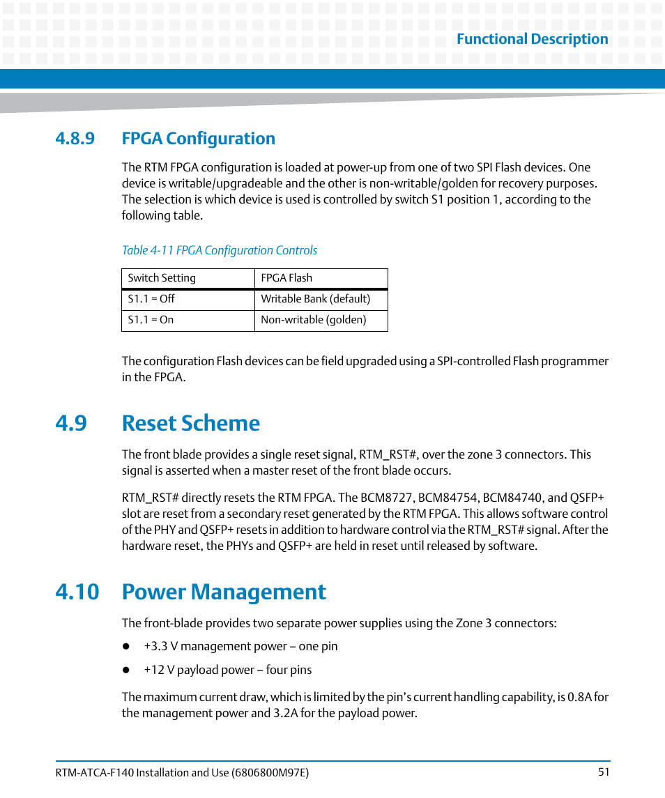9 fpga configuration, 9 reset scheme, 10 power management | 9 reset scheme 4.10 power management, Table 4-11, Fpga configuration controls | Artesyn RTM-ATCA-F140 Installation and Use (May 2014) User Manual | Page 51 / 66