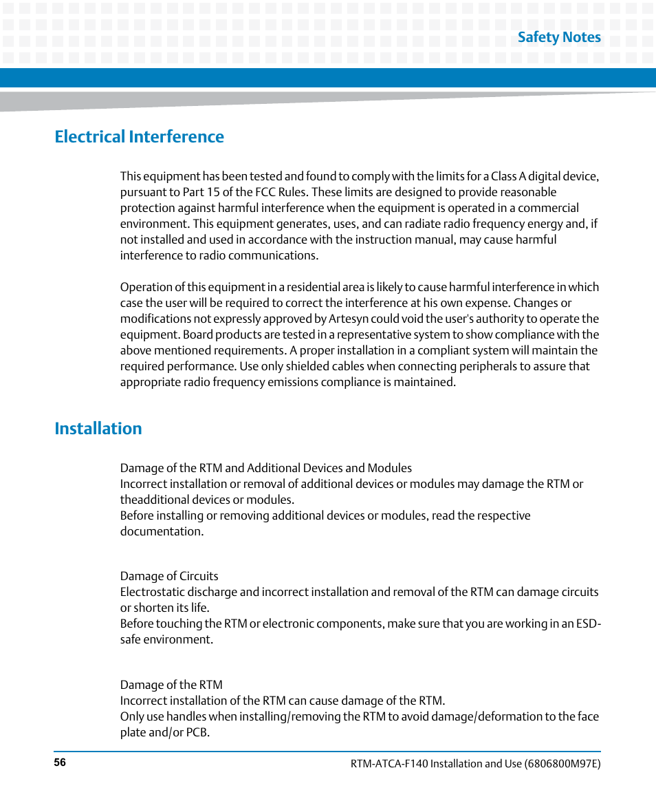 Electrical interference, Installation | Artesyn RTM-ATCA-F140 Installation and Use (May 2014) User Manual | Page 56 / 66