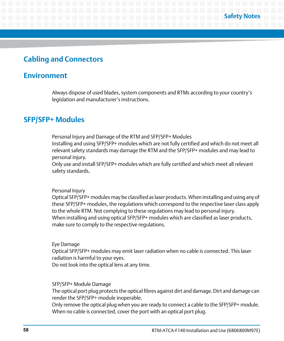 Cabling and connectors environment, Sfp/sfp+ modules | Artesyn RTM-ATCA-F140 Installation and Use (May 2014) User Manual | Page 58 / 66