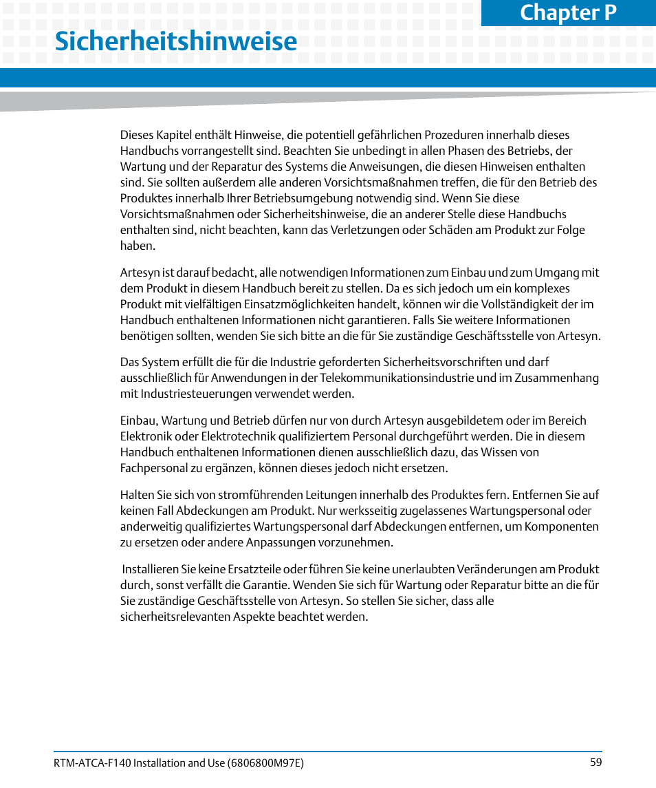 Sicherheitshinweise, Is a ge, Chapter p | Artesyn RTM-ATCA-F140 Installation and Use (May 2014) User Manual | Page 59 / 66