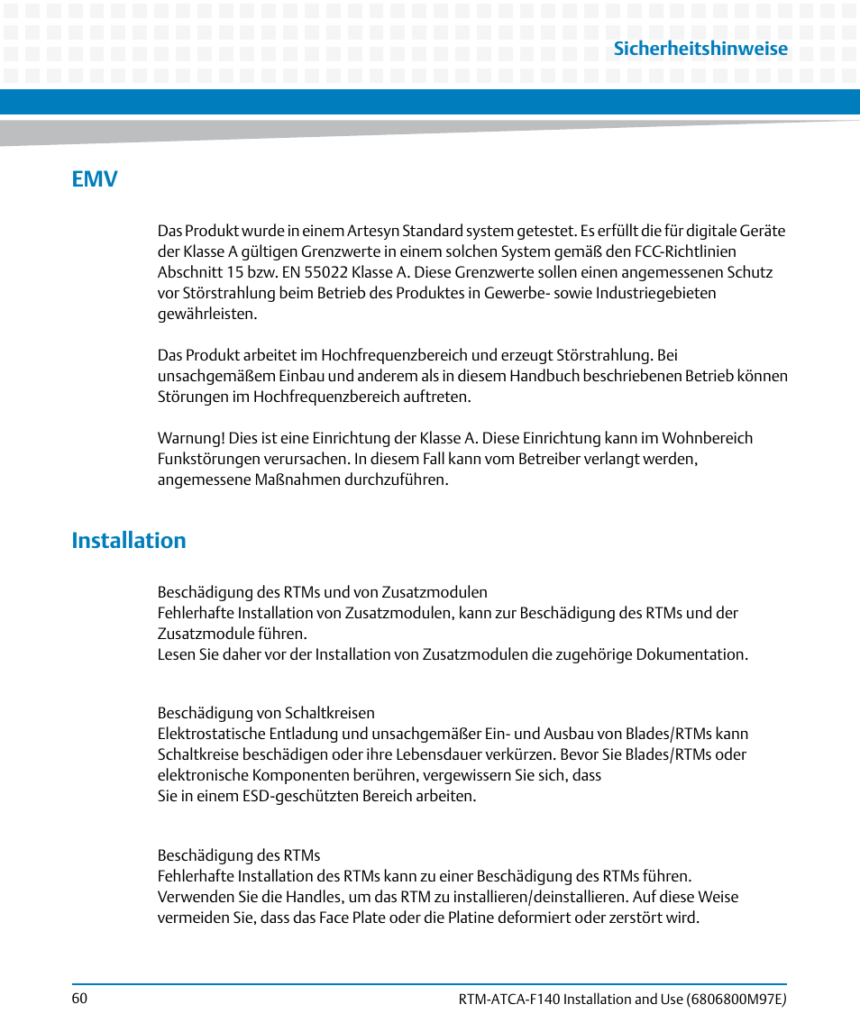 Installation | Artesyn RTM-ATCA-F140 Installation and Use (May 2014) User Manual | Page 60 / 66