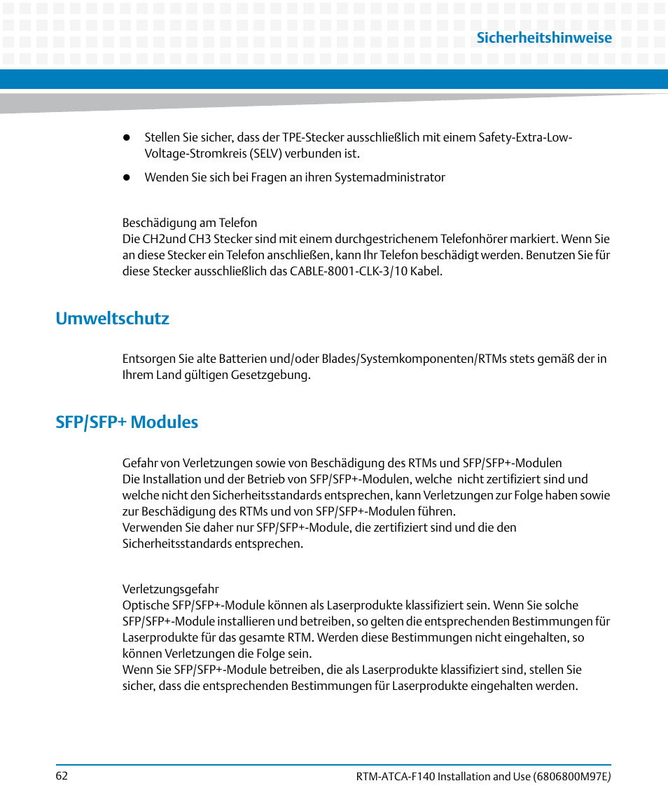 Umweltschutz, Sfp/sfp+ modules | Artesyn RTM-ATCA-F140 Installation and Use (May 2014) User Manual | Page 62 / 66