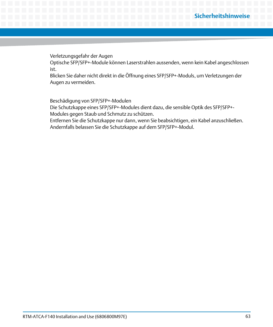 Sicherheitshinweise | Artesyn RTM-ATCA-F140 Installation and Use (May 2014) User Manual | Page 63 / 66