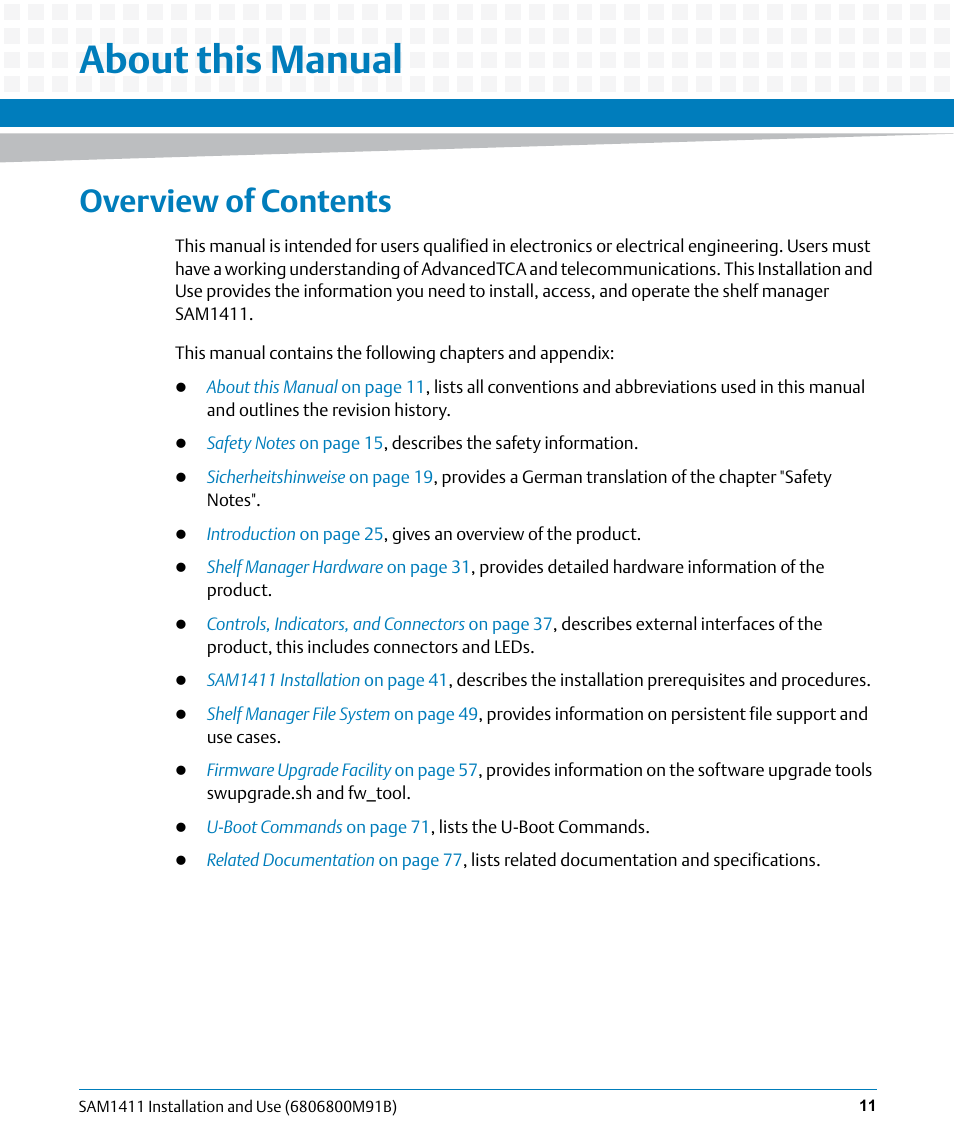 About this manual, Overview of contents | Artesyn SAM1411 Installation and Use (September 2014) User Manual | Page 11 / 80
