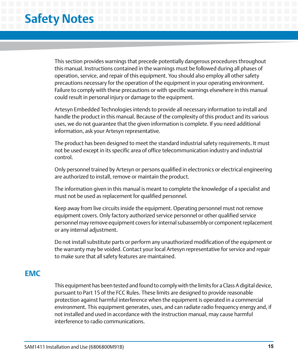 Safety notes | Artesyn SAM1411 Installation and Use (September 2014) User Manual | Page 15 / 80