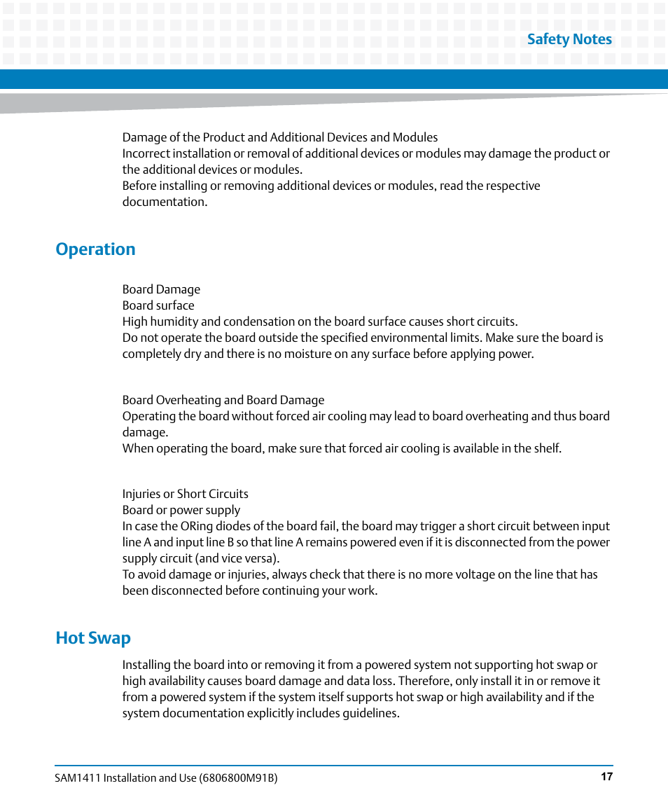 Operation, Hot swap | Artesyn SAM1411 Installation and Use (September 2014) User Manual | Page 17 / 80