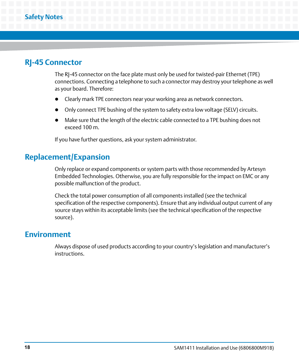 Rj-45 connector, Replacement/expansion, Environment | Artesyn SAM1411 Installation and Use (September 2014) User Manual | Page 18 / 80