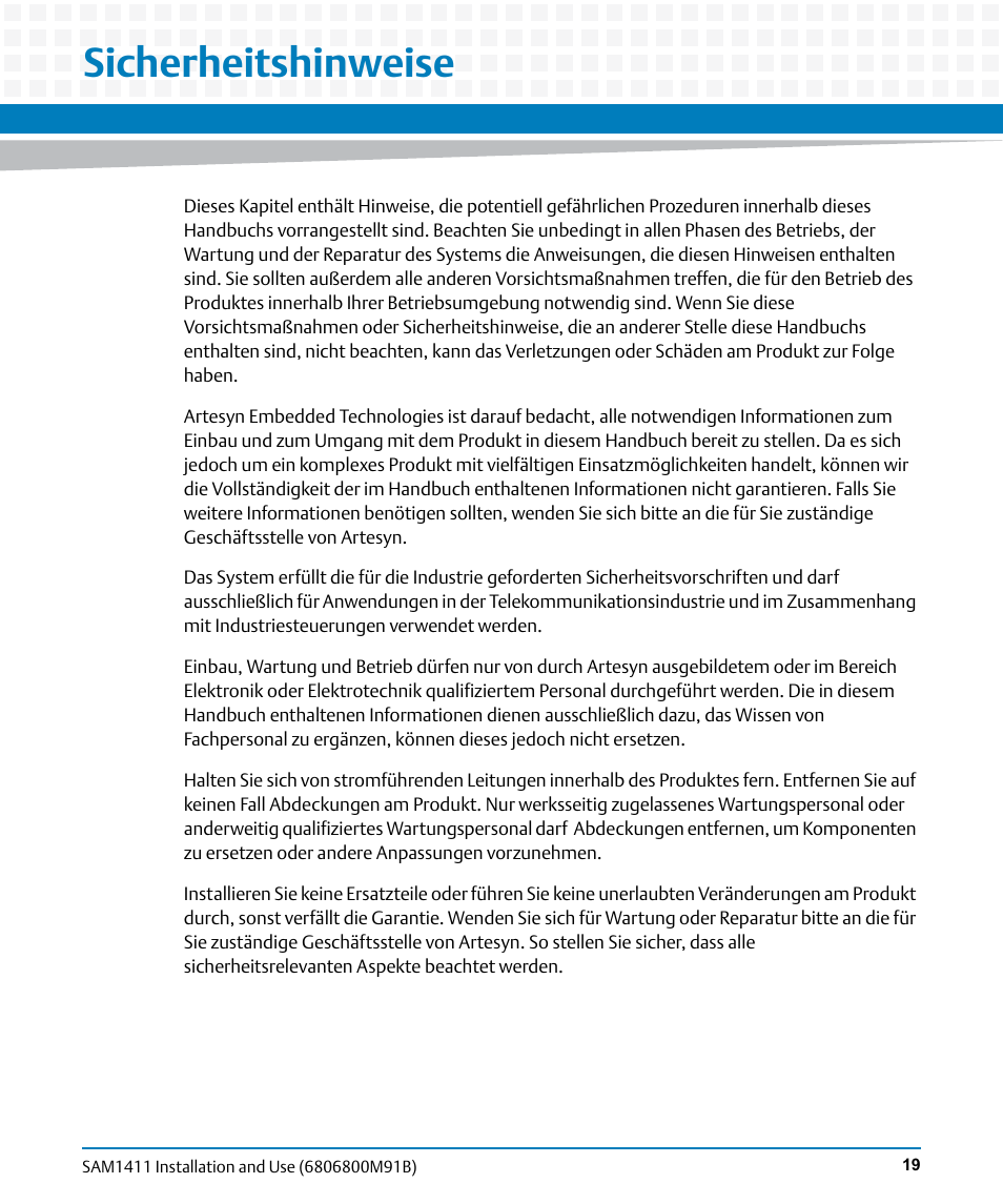 Sicherheitshinweise | Artesyn SAM1411 Installation and Use (September 2014) User Manual | Page 19 / 80