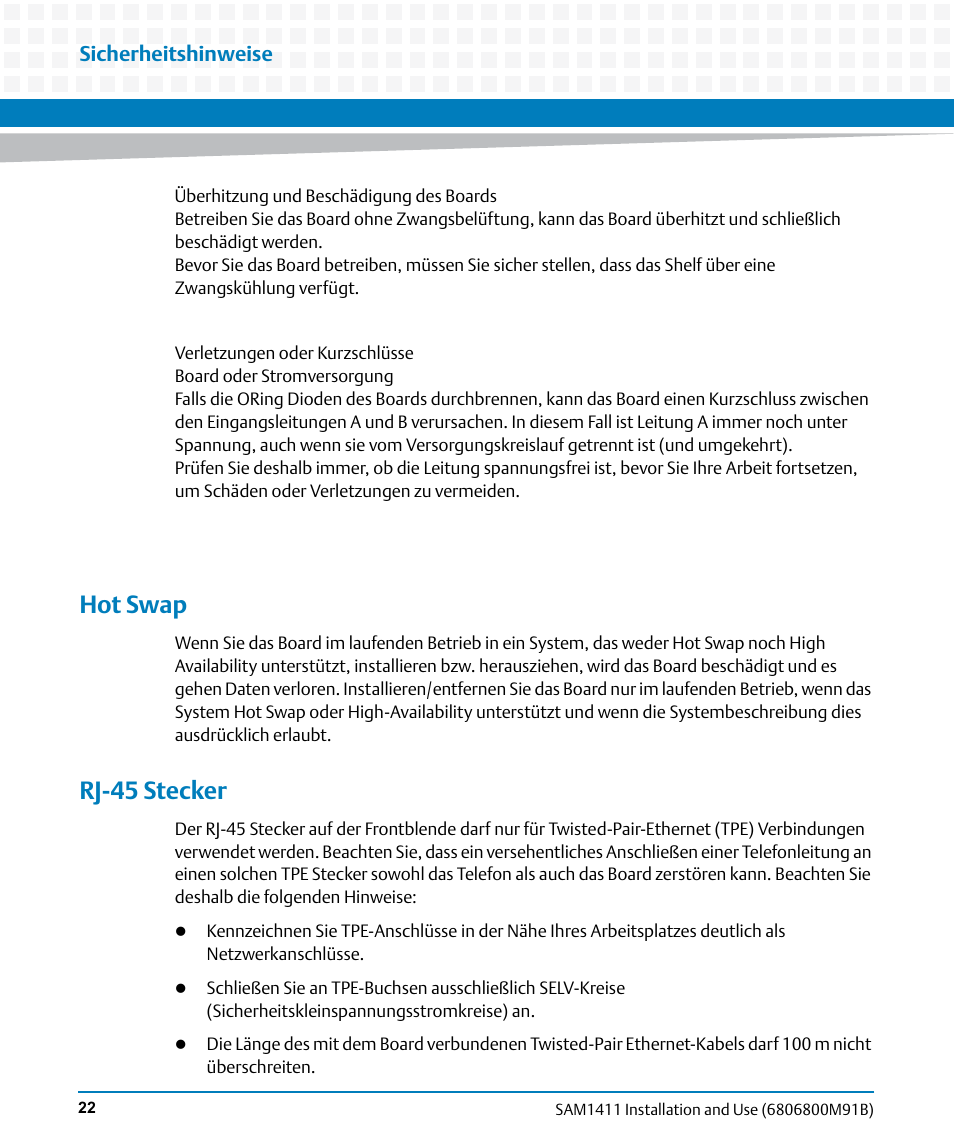 Hot swap, Rj-45 stecker, Sicherheitshinweise | Artesyn SAM1411 Installation and Use (September 2014) User Manual | Page 22 / 80