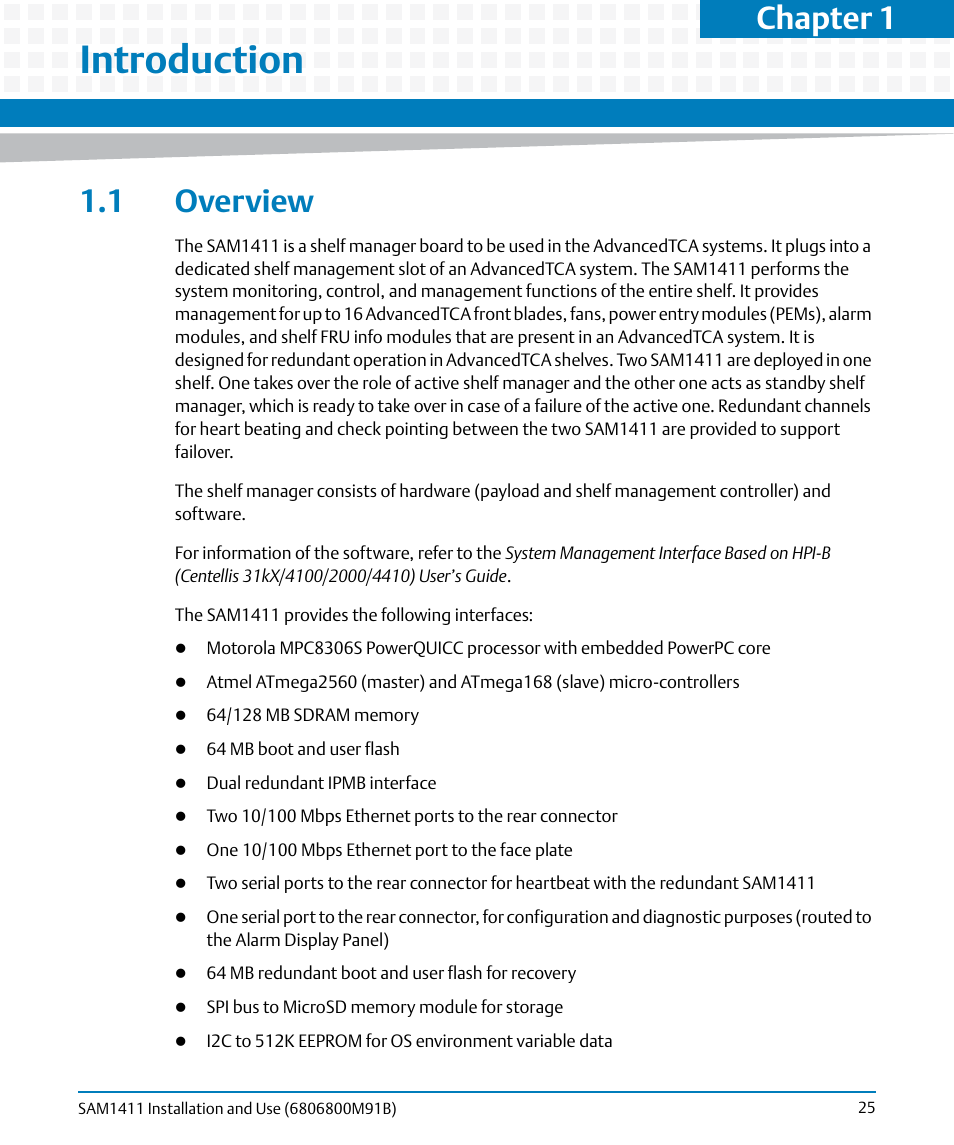 Introduction, 1 overview, Chapter 1 | Artesyn SAM1411 Installation and Use (September 2014) User Manual | Page 25 / 80