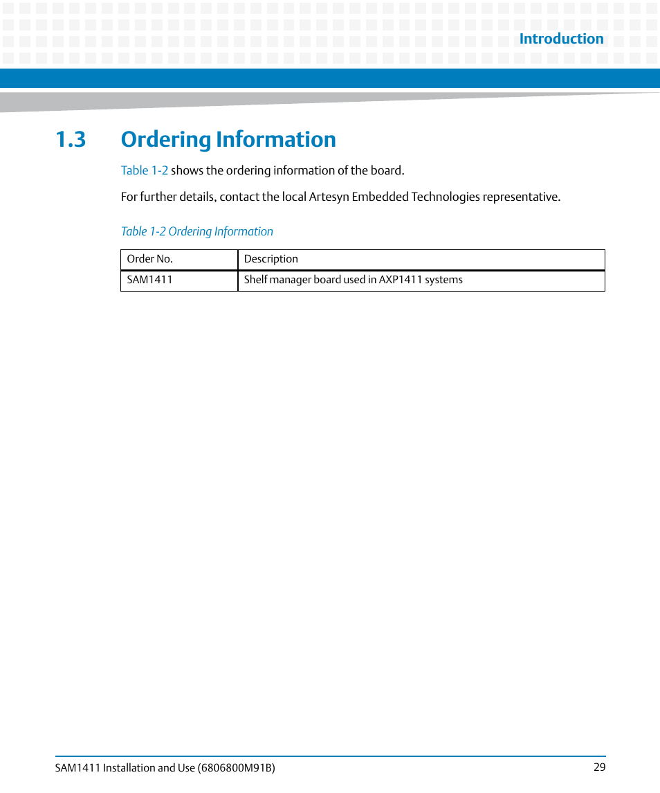 3 ordering information, Table 1-2, Ordering information | Artesyn SAM1411 Installation and Use (September 2014) User Manual | Page 29 / 80
