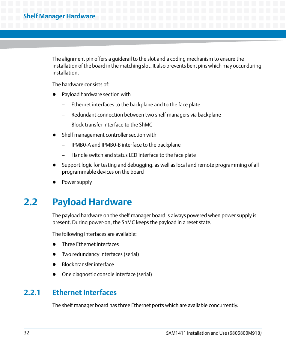 2 payload hardware, 1 ethernet interfaces | Artesyn SAM1411 Installation and Use (September 2014) User Manual | Page 32 / 80