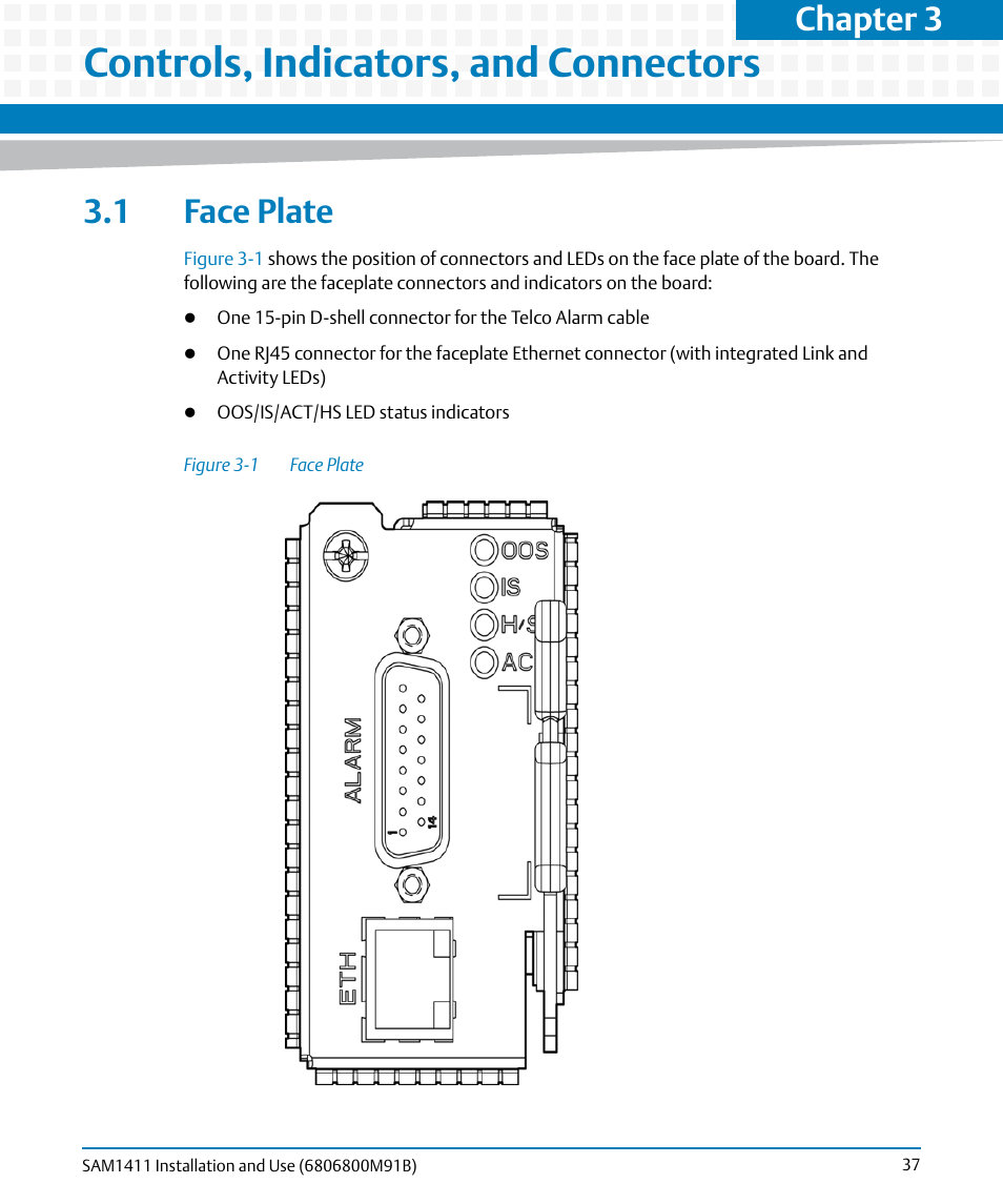 Controls, indicators, and connectors, 1 face plate, Figure 3-1 | Face plate, Chapter 3 | Artesyn SAM1411 Installation and Use (September 2014) User Manual | Page 37 / 80