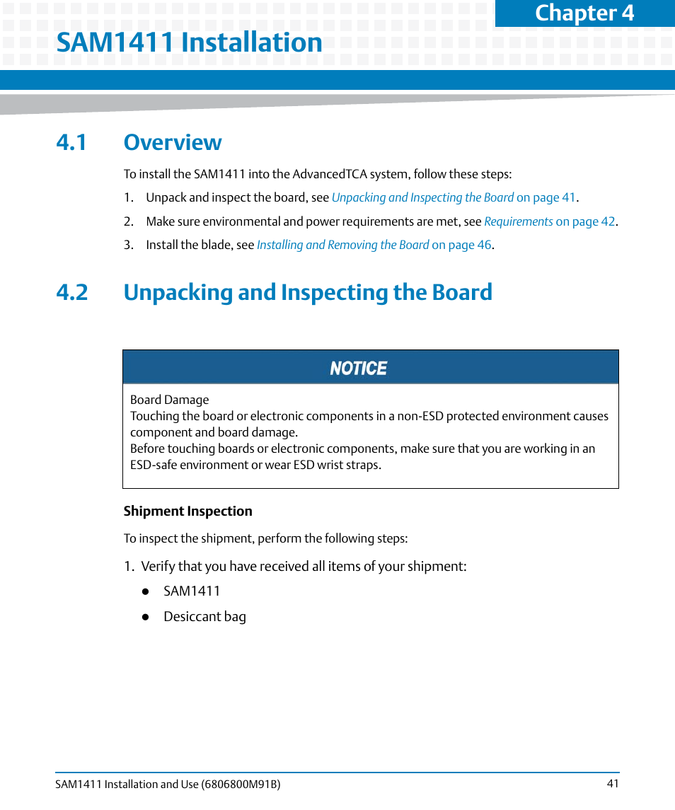 Sam1411 installation, 1 overview, 2 unpacking and inspecting the board | 1 overview 4.2 unpacking and inspecting the board, Chapter 4 | Artesyn SAM1411 Installation and Use (September 2014) User Manual | Page 41 / 80