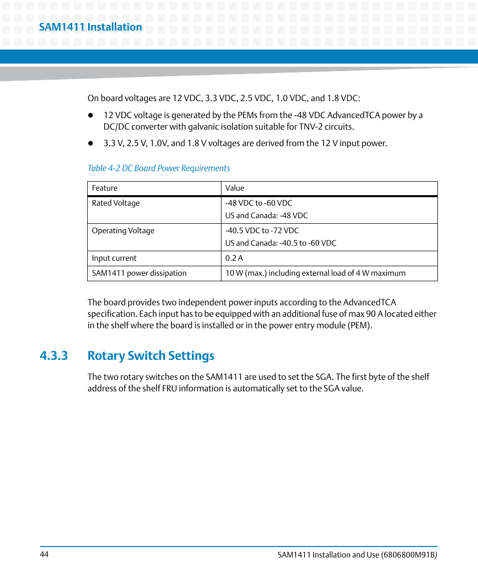 3 rotary switch settings, Table 4-2, Dc board power requirements | Sam1411 installation | Artesyn SAM1411 Installation and Use (September 2014) User Manual | Page 44 / 80