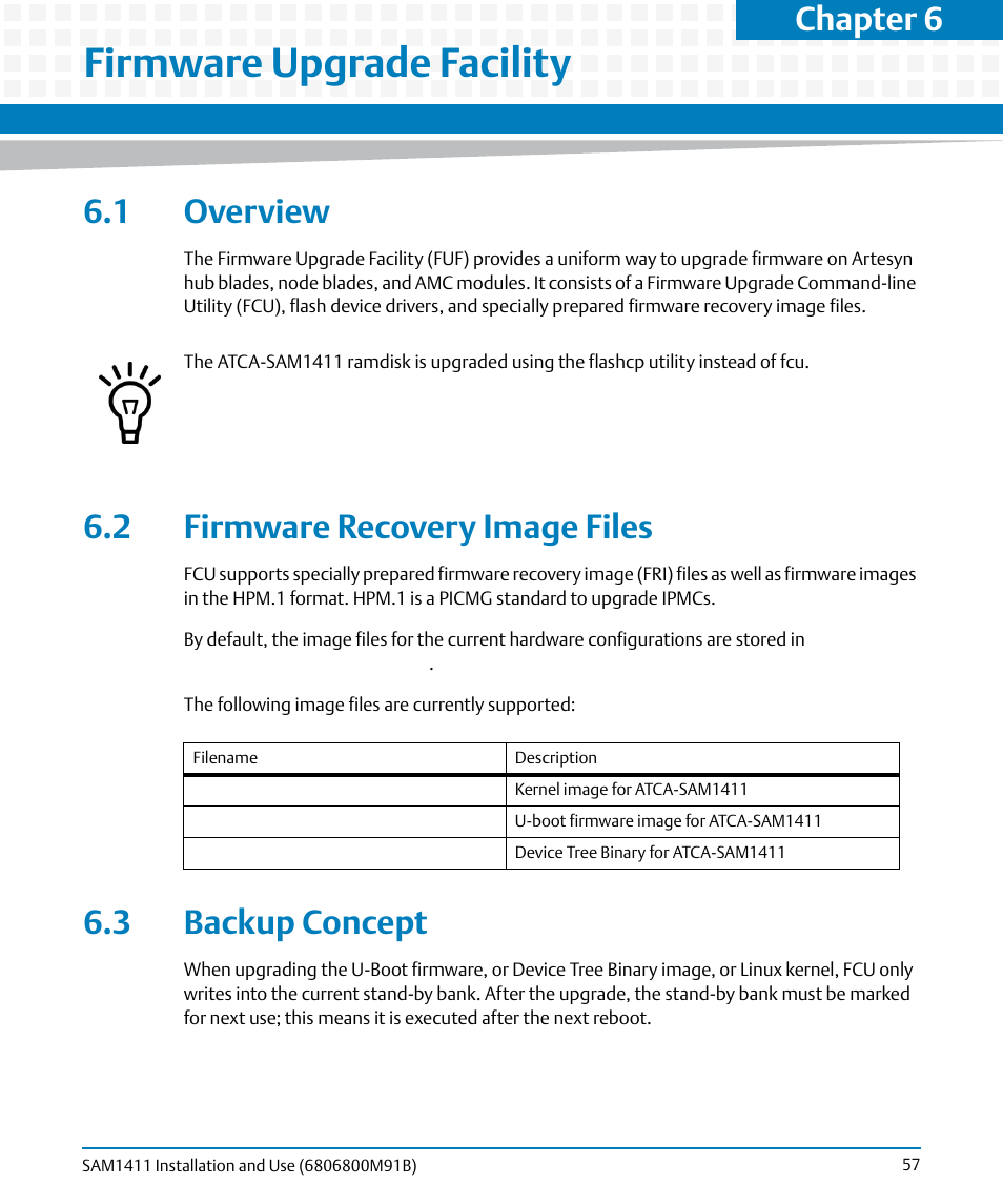 Firmware upgrade facility, 1 overview, 2 firmware recovery image files | 3 backup concept, Chapter 6 | Artesyn SAM1411 Installation and Use (September 2014) User Manual | Page 57 / 80