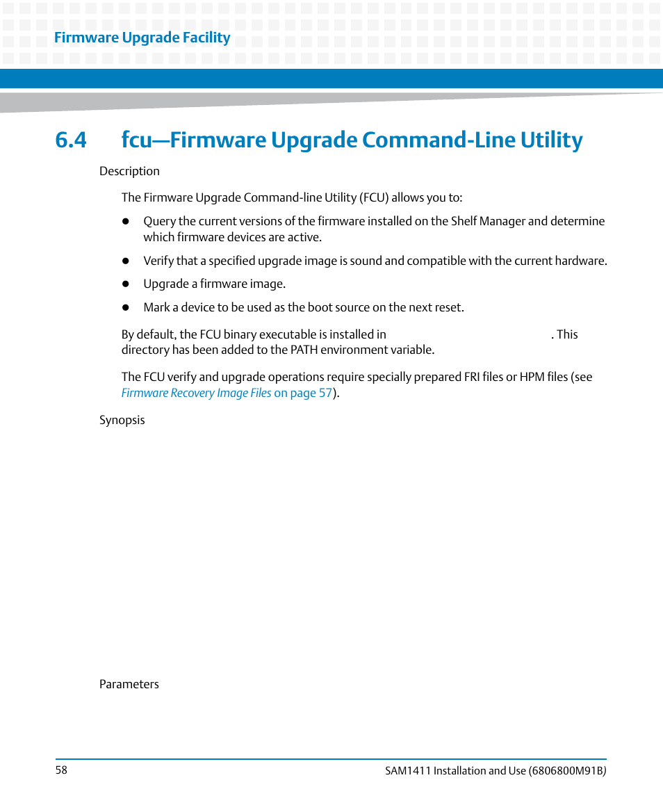 4 fcu—firmware upgrade command-line utility | Artesyn SAM1411 Installation and Use (September 2014) User Manual | Page 58 / 80
