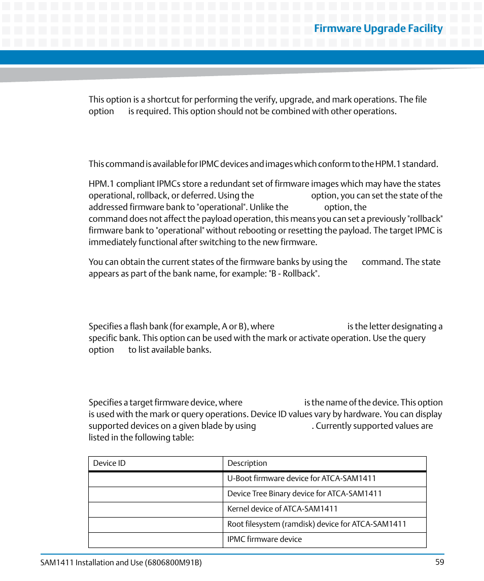 Firmware upgrade facility | Artesyn SAM1411 Installation and Use (September 2014) User Manual | Page 59 / 80