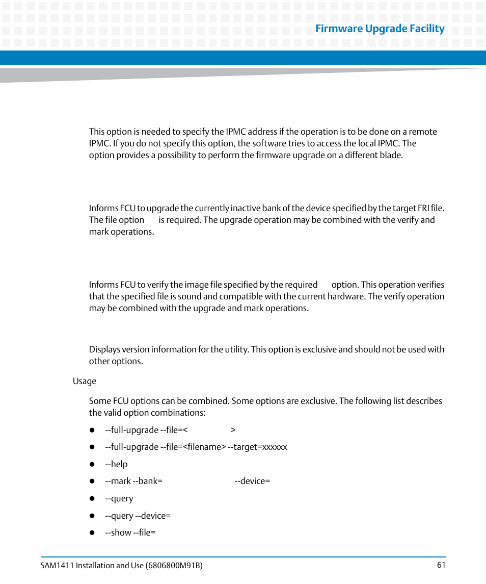 Firmware upgrade facility | Artesyn SAM1411 Installation and Use (September 2014) User Manual | Page 61 / 80