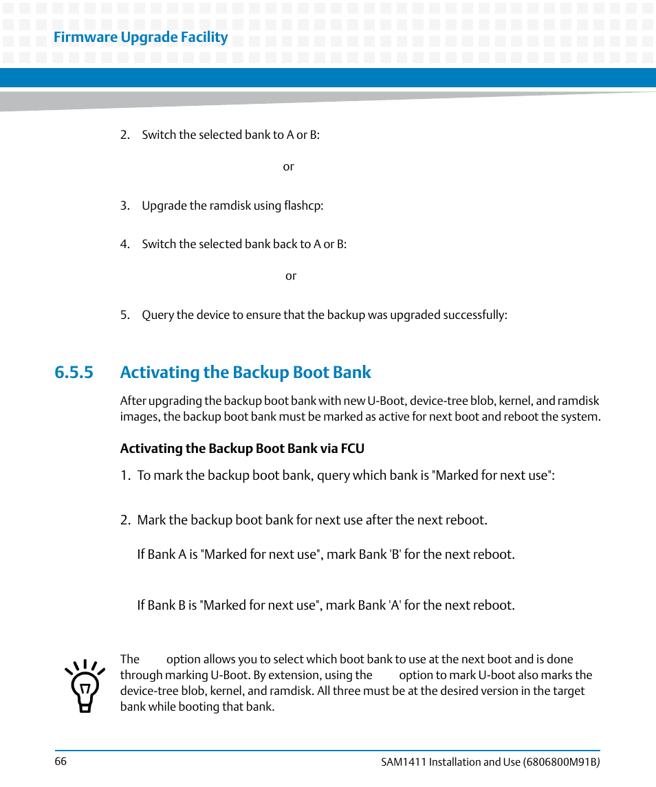 5 activating the backup boot bank | Artesyn SAM1411 Installation and Use (September 2014) User Manual | Page 66 / 80