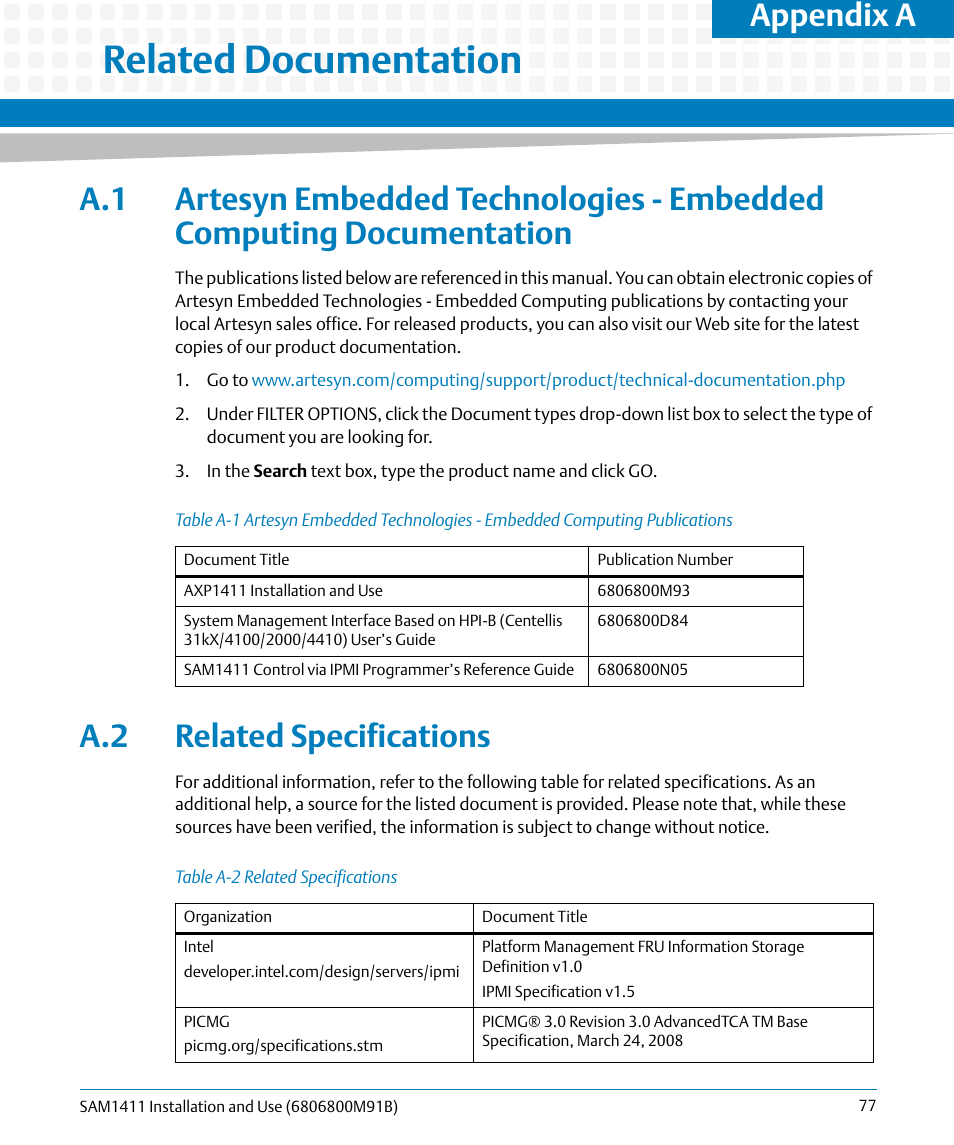 A related documentation, A.2 related specifications, Table a-1 | Table a-2, Related specifications, Related documentation, Lists re, Appendix a | Artesyn SAM1411 Installation and Use (September 2014) User Manual | Page 77 / 80