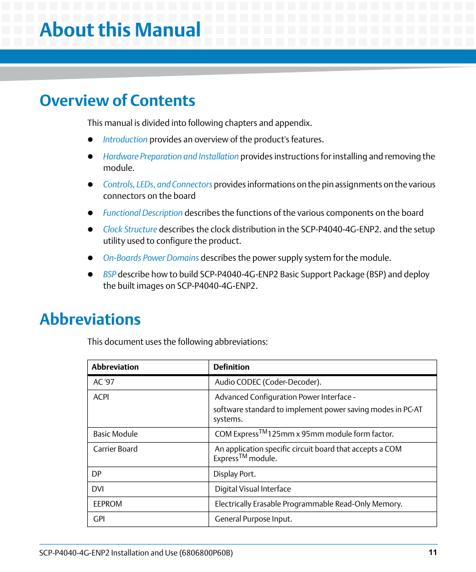 About this manual, Overview of contents, Abbreviations | Artesyn SCP-P4040-4G-ENP2 Installation and Use (August 2014) User Manual | Page 11 / 74