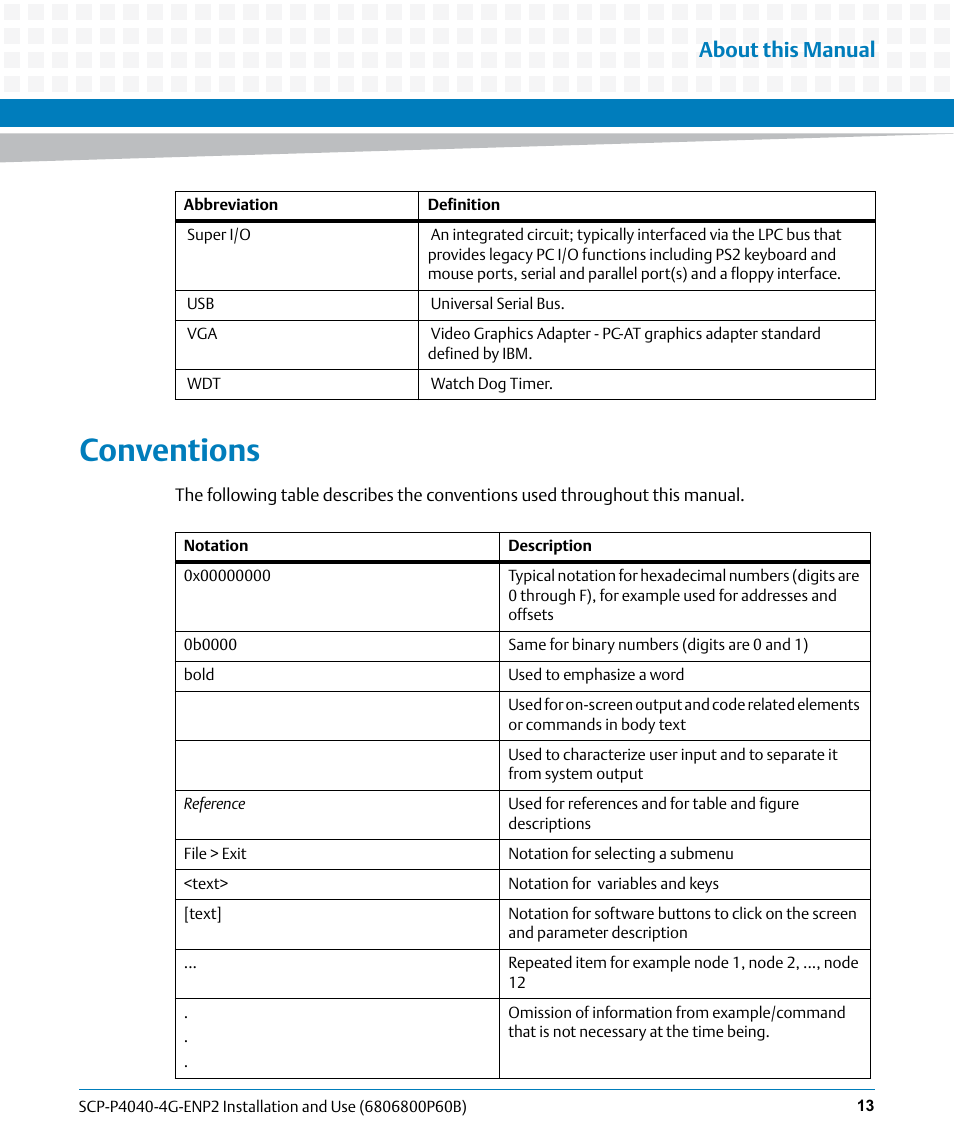 Conventions, About this manual | Artesyn SCP-P4040-4G-ENP2 Installation and Use (August 2014) User Manual | Page 13 / 74