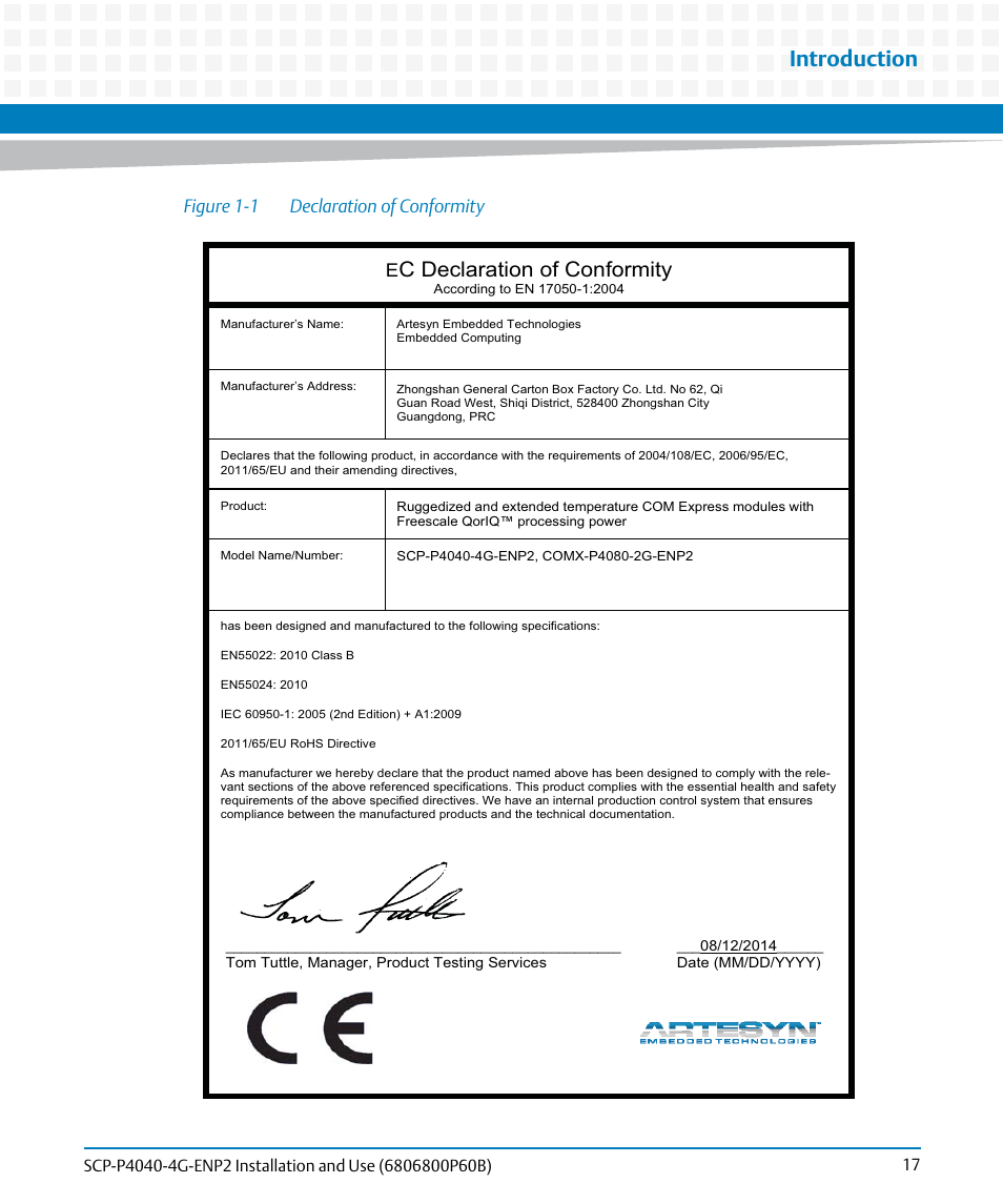 Figure 1-1, Declaration of conformity, Introduction | C declaration of conformity, Figure 1-1 declaration of conformity | Artesyn SCP-P4040-4G-ENP2 Installation and Use (August 2014) User Manual | Page 17 / 74