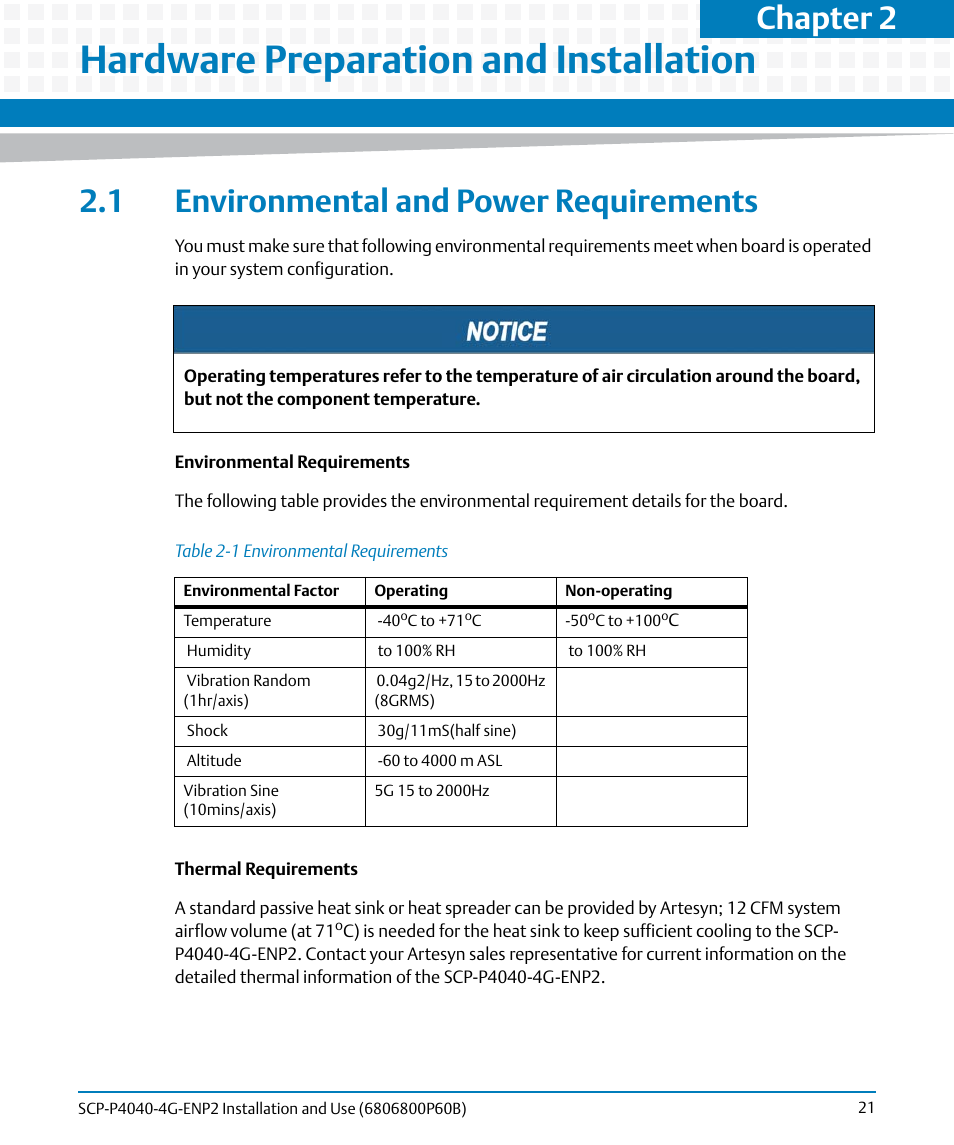 Hardware preparation and installation, 1 environmental and power requirements, Table 2-1 | Environmental requirements, Chapter 2 | Artesyn SCP-P4040-4G-ENP2 Installation and Use (August 2014) User Manual | Page 21 / 74