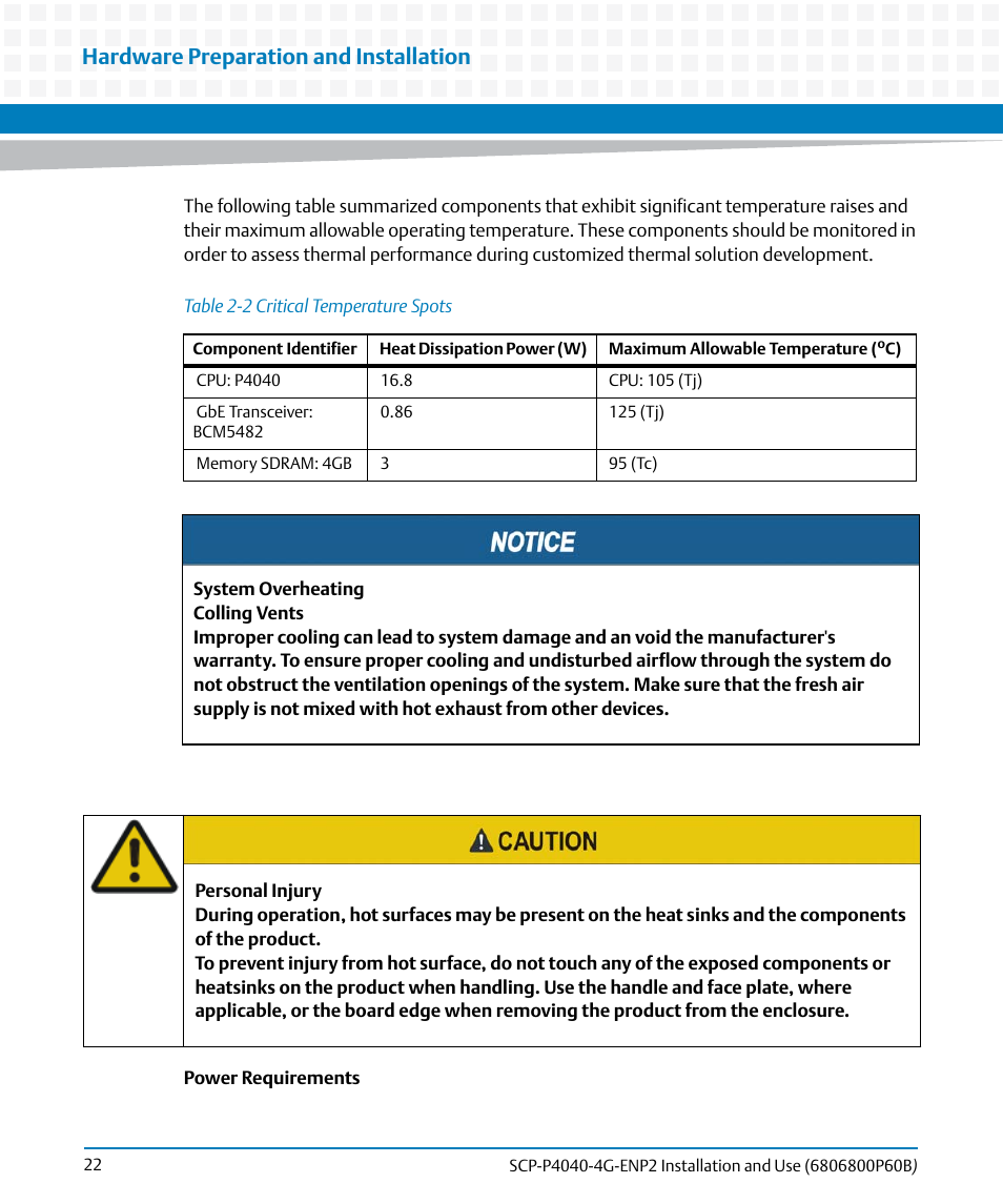 Table 2-2, Critical temperature spots, Hardware preparation and installation | Artesyn SCP-P4040-4G-ENP2 Installation and Use (August 2014) User Manual | Page 22 / 74
