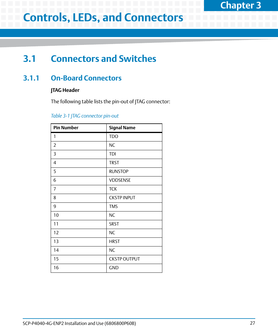 Controls, leds, and connectors, 1 connectors and switches, 1 on-board connectors | Table 3-1, Jtag connector pin-out, Chapter 3 | Artesyn SCP-P4040-4G-ENP2 Installation and Use (August 2014) User Manual | Page 27 / 74