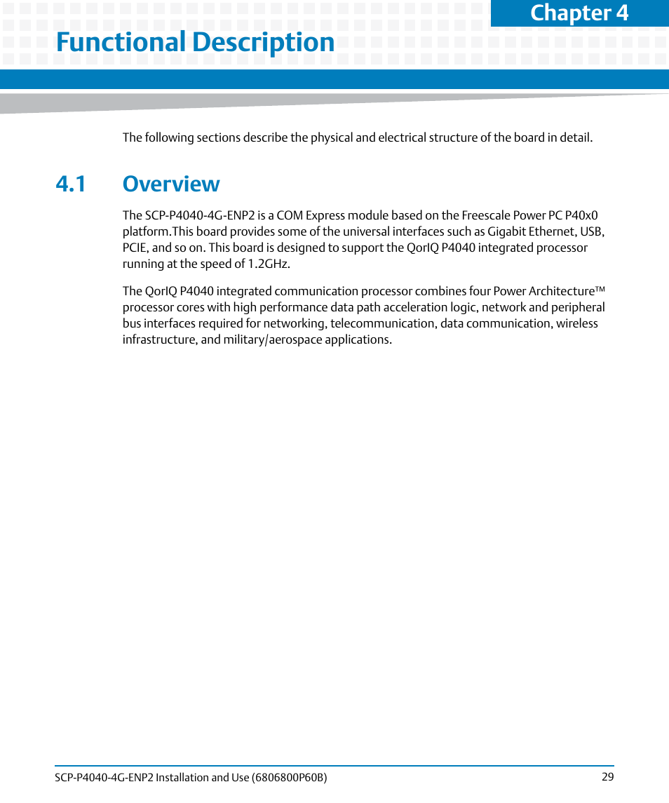 Functional description, 1 overview, Chapter 4 | Artesyn SCP-P4040-4G-ENP2 Installation and Use (August 2014) User Manual | Page 29 / 74