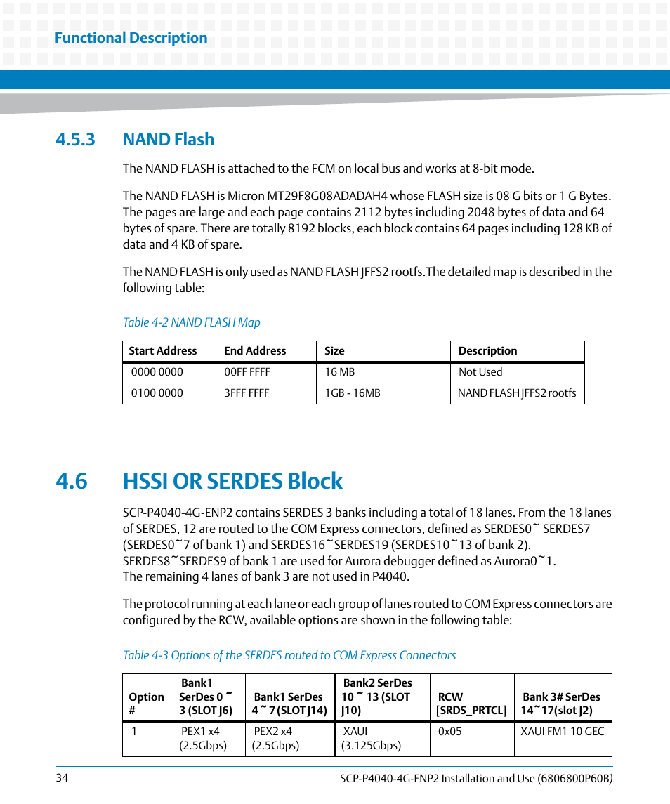 3 nand flash, 6 hssi or serdes block, Table 4-2 | Nand flash map, Table 4-3, Functional description | Artesyn SCP-P4040-4G-ENP2 Installation and Use (August 2014) User Manual | Page 34 / 74