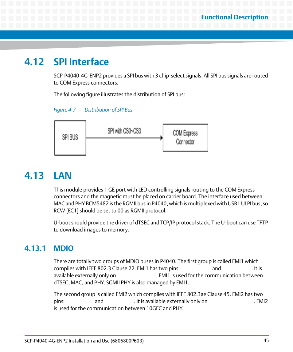 12 spi interface, 13 lan, 1 mdio | 12 spi interface 4.13 lan, Figure 4-7, Distribution of spi bus | Artesyn SCP-P4040-4G-ENP2 Installation and Use (August 2014) User Manual | Page 45 / 74