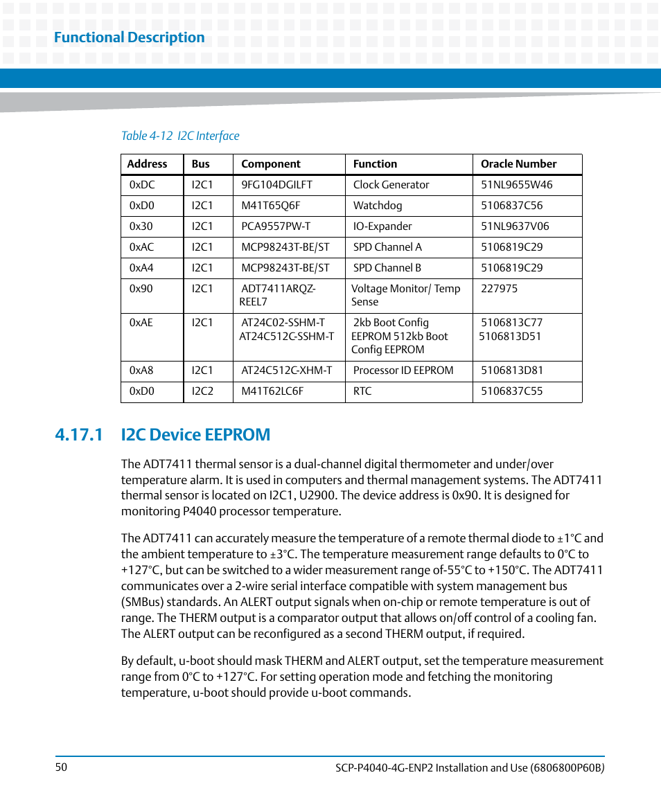 1 i2c device eeprom, Table 4-12, I2c interface | Functional description | Artesyn SCP-P4040-4G-ENP2 Installation and Use (August 2014) User Manual | Page 50 / 74