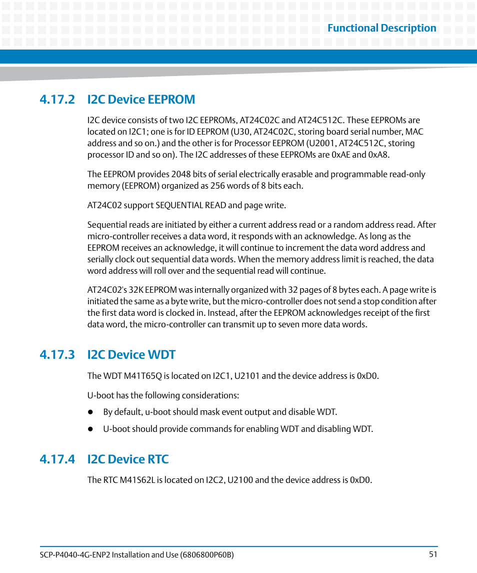 2 i2c device eeprom, 3 i2c device wdt, 4 i2c device rtc | Artesyn SCP-P4040-4G-ENP2 Installation and Use (August 2014) User Manual | Page 51 / 74