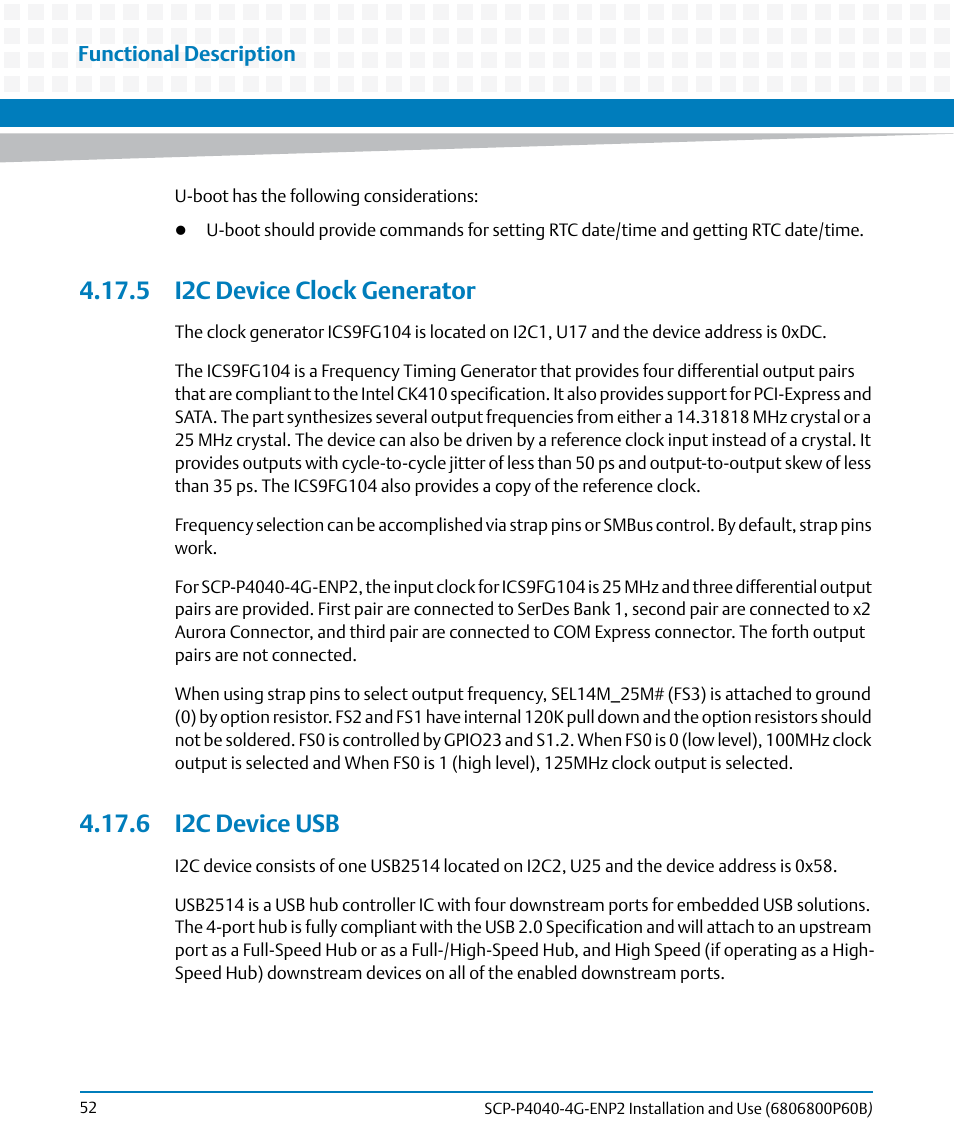 5 i2c device clock generator, 6 i2c device usb, 5 i2c device clock generator 4.17.6 i2c device usb | Artesyn SCP-P4040-4G-ENP2 Installation and Use (August 2014) User Manual | Page 52 / 74