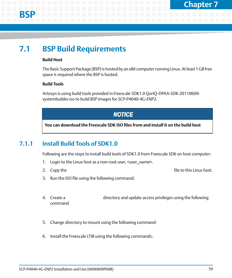 1 bsp build requirements, 1 install build tools of sdk1.0, Chapter 7 | Artesyn SCP-P4040-4G-ENP2 Installation and Use (August 2014) User Manual | Page 59 / 74